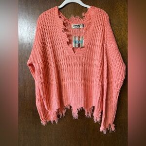 Envy Coral V-Neck Frayed Sweater